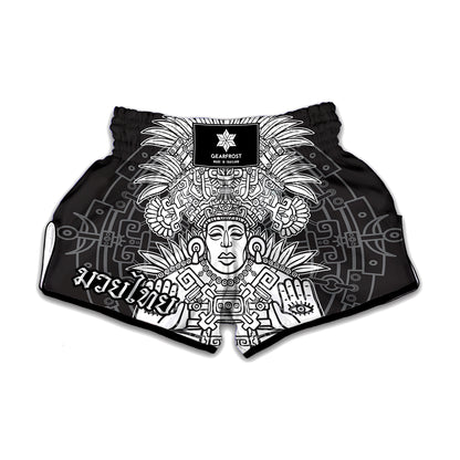 Blue And White Mayan Statue Print Muay Thai Boxing Shorts
