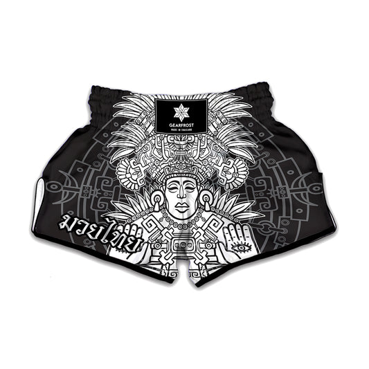 Blue And White Mayan Statue Print Muay Thai Boxing Shorts