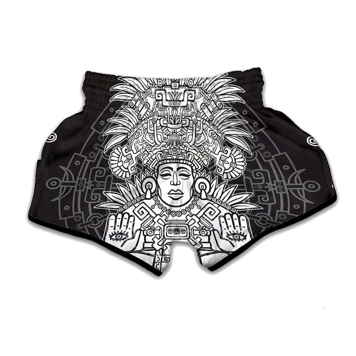 Blue And White Mayan Statue Print Muay Thai Boxing Shorts