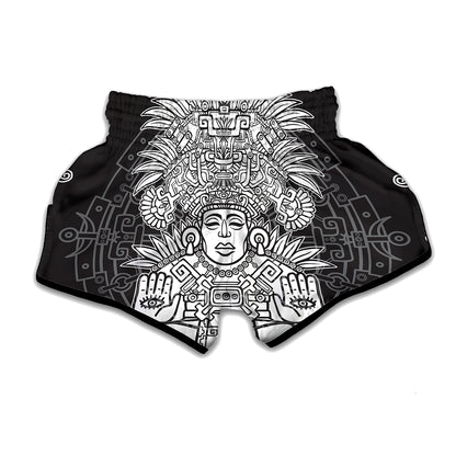 Blue And White Mayan Statue Print Muay Thai Boxing Shorts