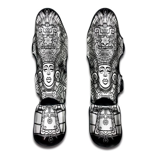 Blue And White Mayan Statue Print Muay Thai Shin Guard