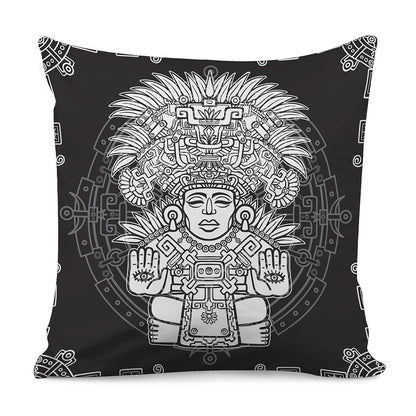 Blue And White Mayan Statue Print Pillow Cover