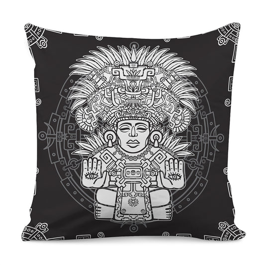 Blue And White Mayan Statue Print Pillow Cover