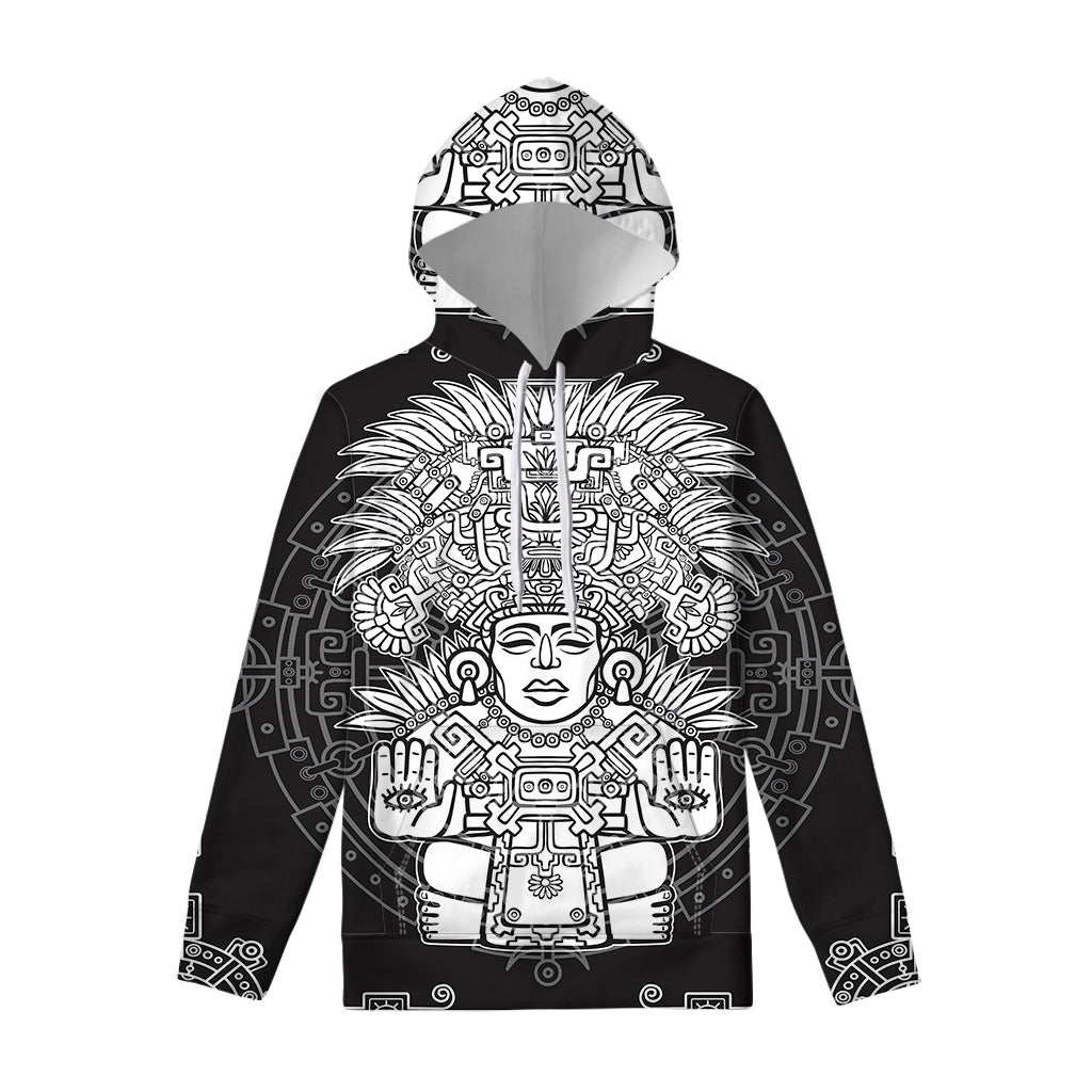 Blue And White Mayan Statue Print Pullover Hoodie