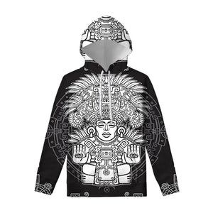Blue And White Mayan Statue Print Pullover Hoodie