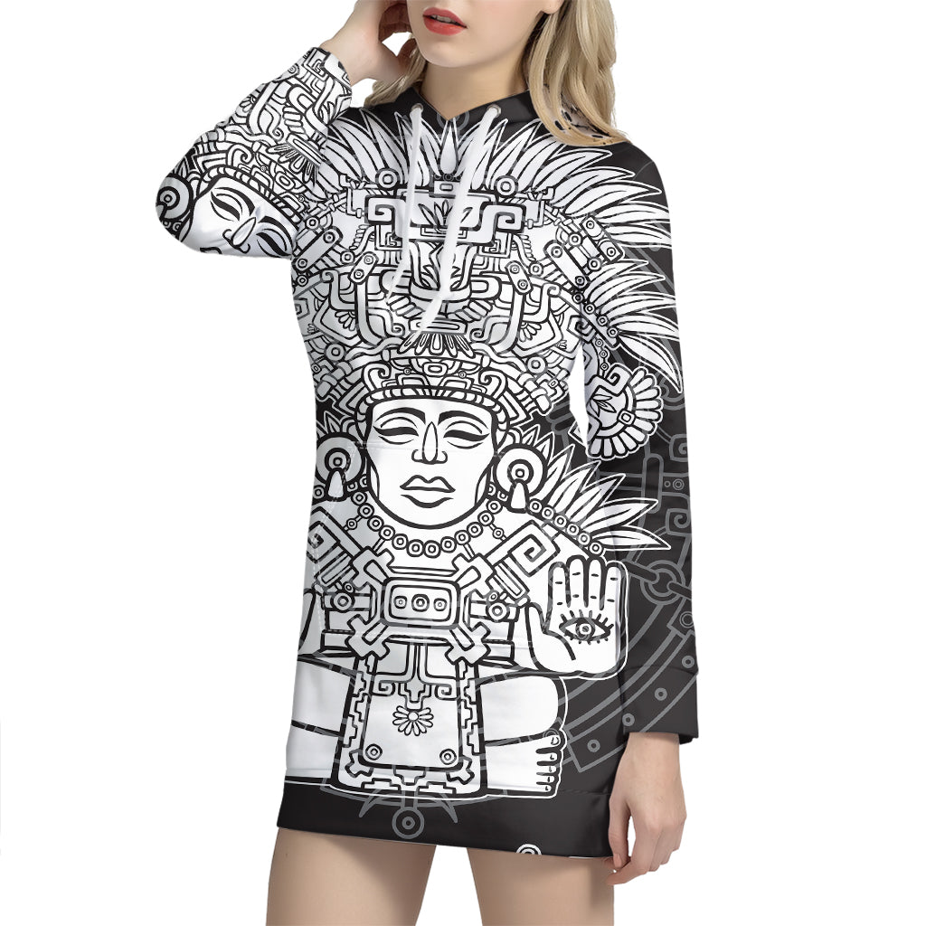 Blue And White Mayan Statue Print Pullover Hoodie Dress