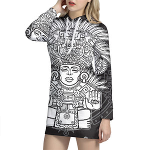Blue And White Mayan Statue Print Pullover Hoodie Dress