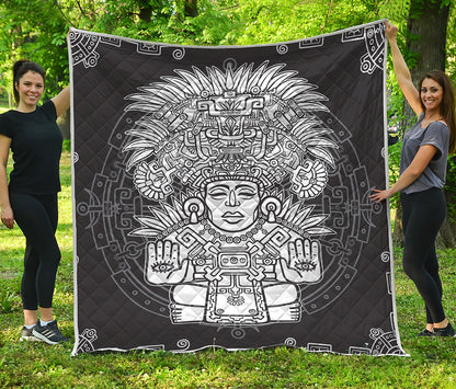 Blue And White Mayan Statue Print Quilt