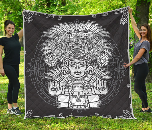 Blue And White Mayan Statue Print Quilt