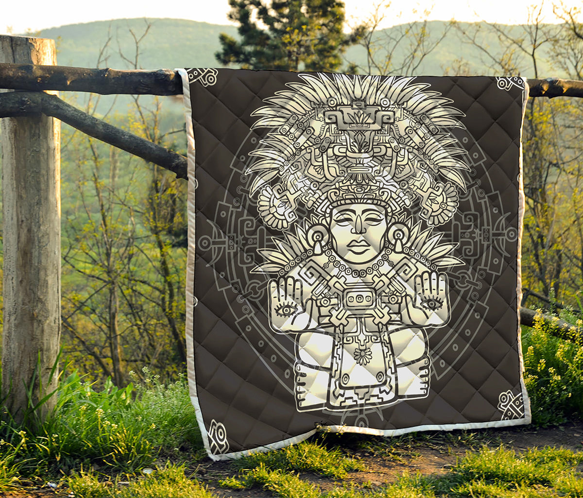 Blue And White Mayan Statue Print Quilt