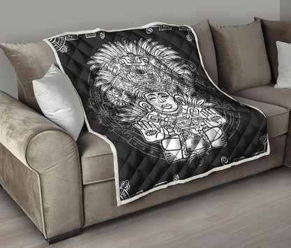 Blue And White Mayan Statue Print Quilt