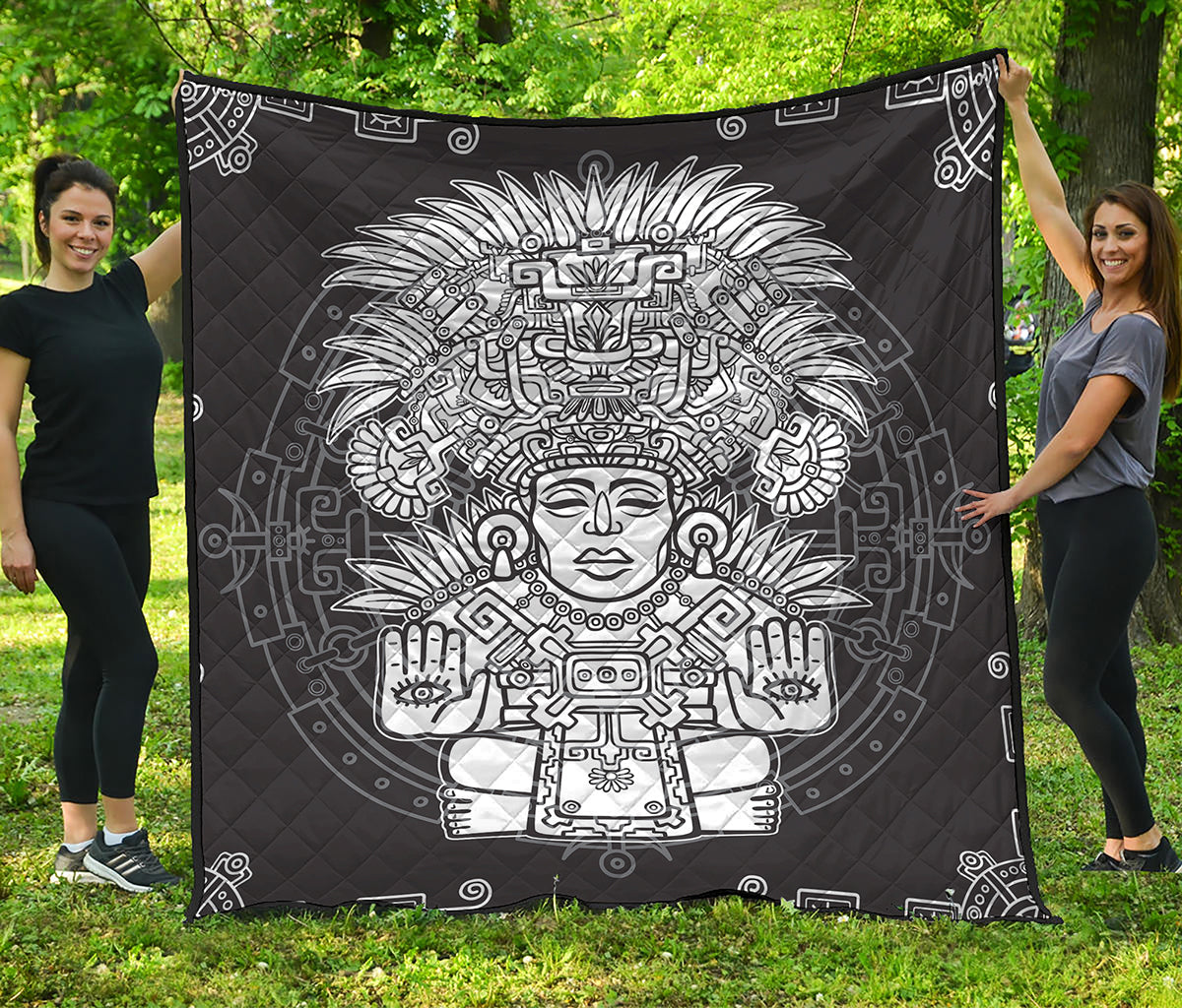 Blue And White Mayan Statue Print Quilt