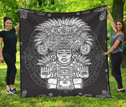 Blue And White Mayan Statue Print Quilt