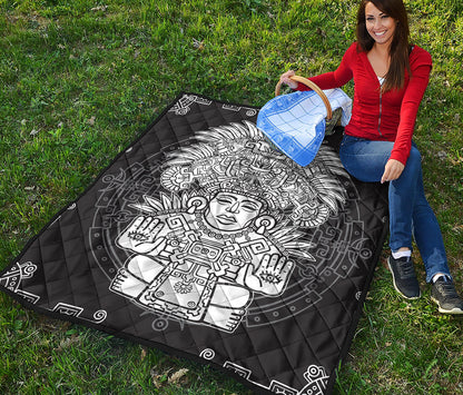 Blue And White Mayan Statue Print Quilt