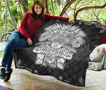 Blue And White Mayan Statue Print Quilt