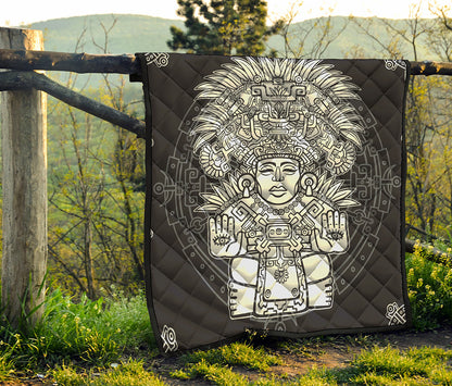 Blue And White Mayan Statue Print Quilt