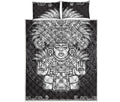 Blue And White Mayan Statue Print Quilt Bed Set