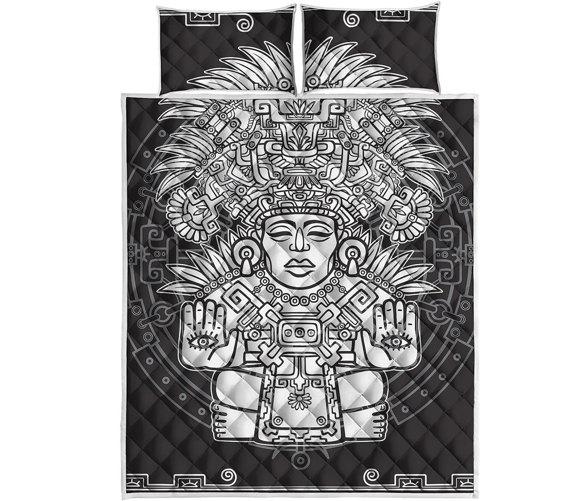 Blue And White Mayan Statue Print Quilt Bed Set