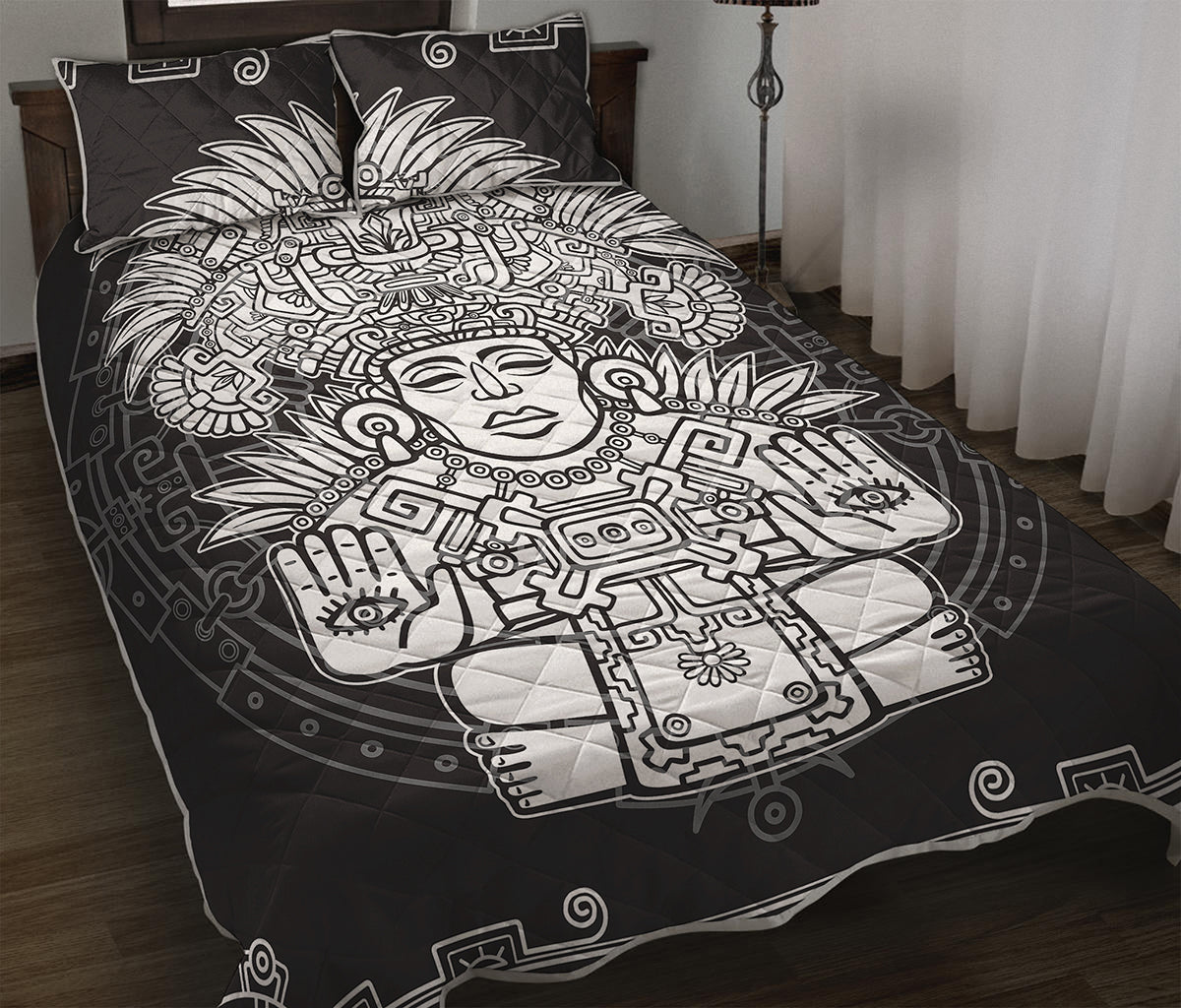 Blue And White Mayan Statue Print Quilt Bed Set