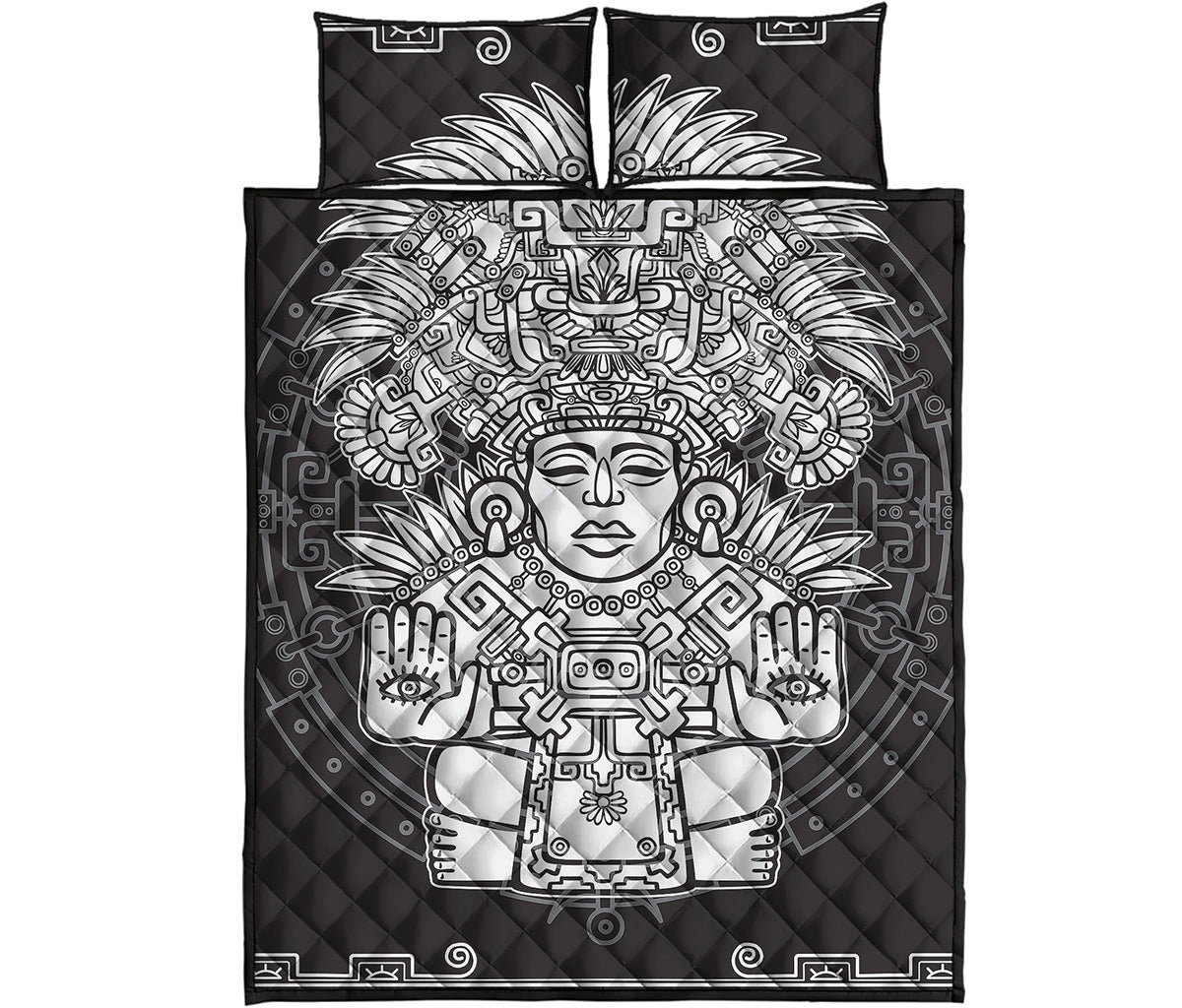 Blue And White Mayan Statue Print Quilt Bed Set
