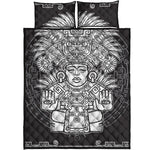 Blue And White Mayan Statue Print Quilt Bed Set