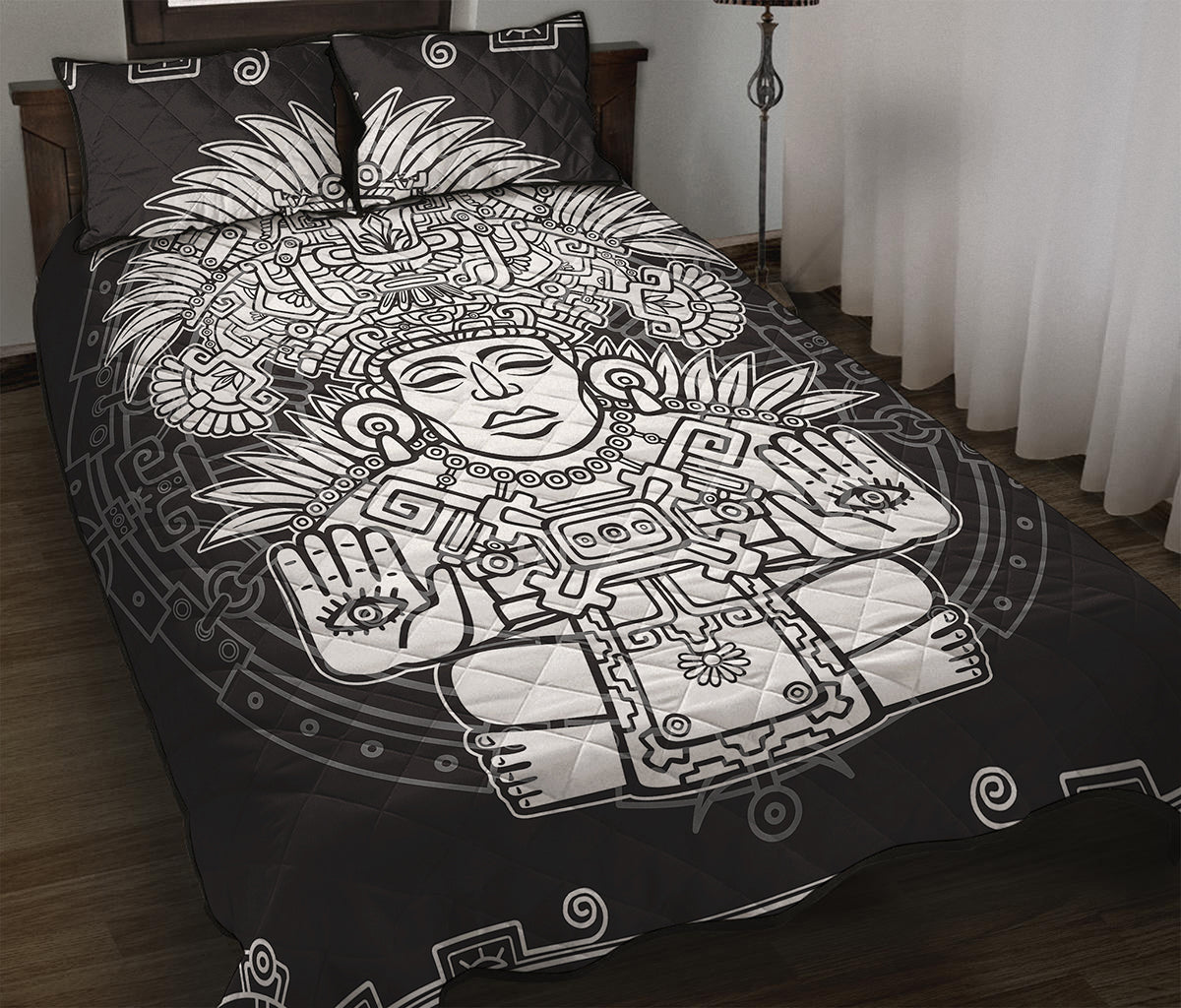 Blue And White Mayan Statue Print Quilt Bed Set
