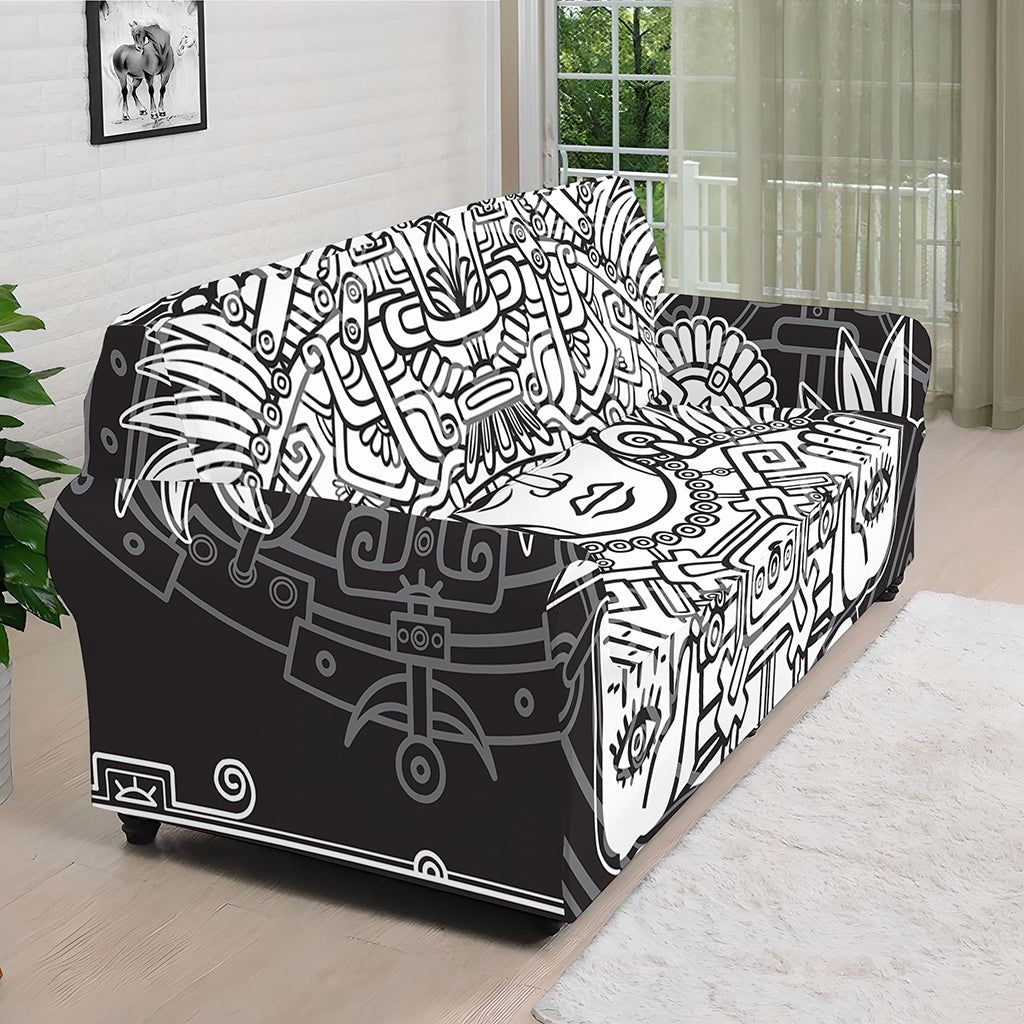 Blue And White Mayan Statue Print Sofa Cover