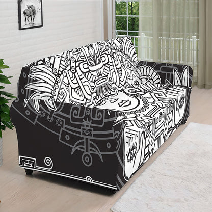 Blue And White Mayan Statue Print Sofa Cover
