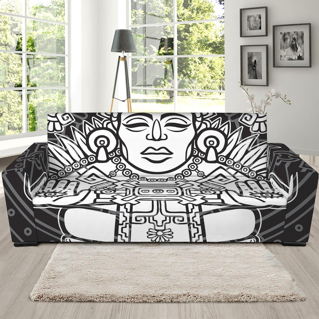 Blue And White Mayan Statue Print Sofa Slipcover