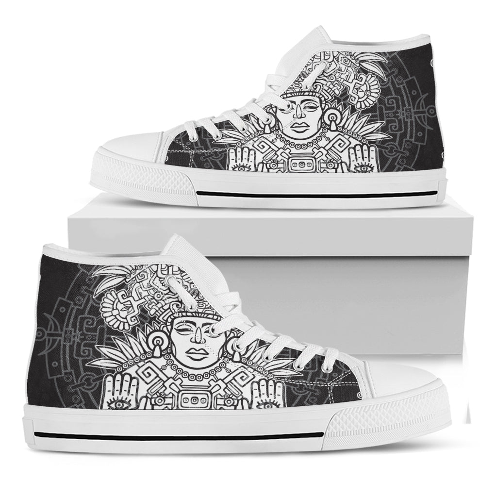 Blue And White Mayan Statue Print White High Top Shoes