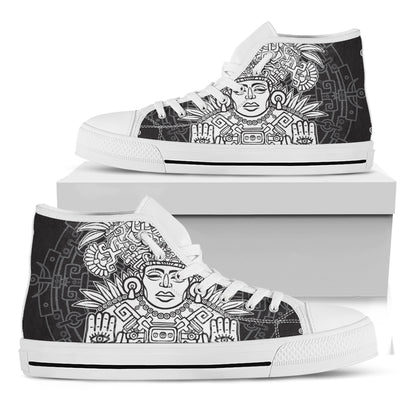 Blue And White Mayan Statue Print White High Top Shoes