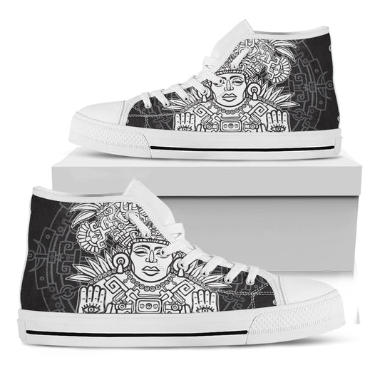 Blue And White Mayan Statue Print White High Top Shoes