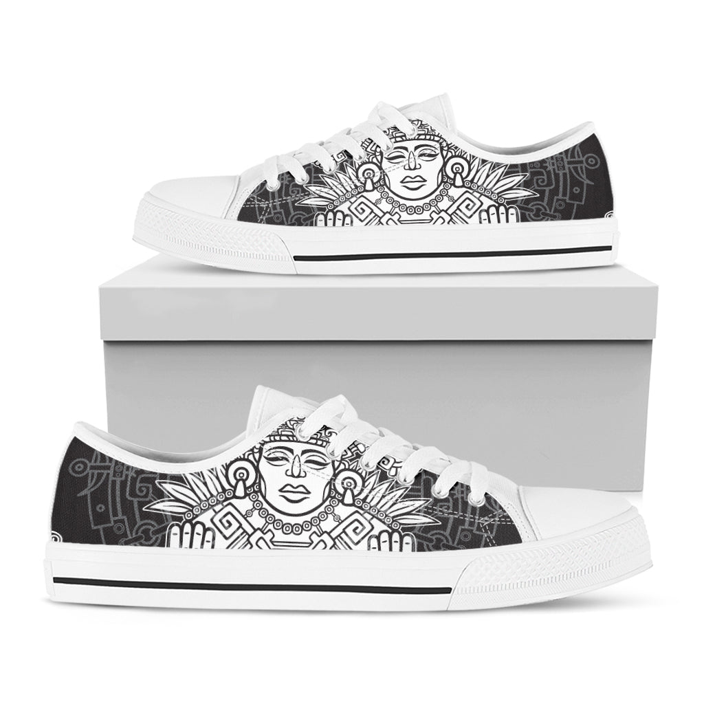 Blue And White Mayan Statue Print White Low Top Shoes