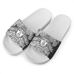 Blue And White Mayan Statue Print White Slide Sandals