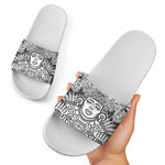Blue And White Mayan Statue Print White Slide Sandals