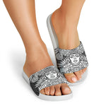 Blue And White Mayan Statue Print White Slide Sandals
