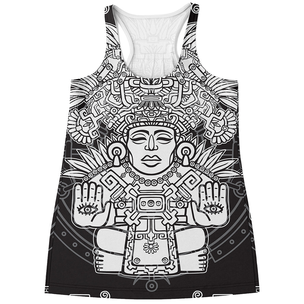 Blue And White Mayan Statue Print Women's Racerback Tank Top