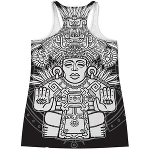 Blue And White Mayan Statue Print Women's Racerback Tank Top