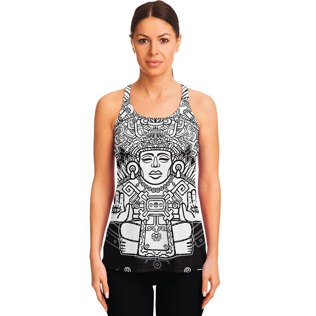 Blue And White Mayan Statue Print Women's Racerback Tank Top