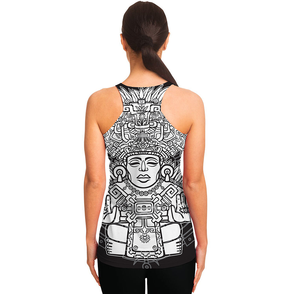 Blue And White Mayan Statue Print Women's Racerback Tank Top