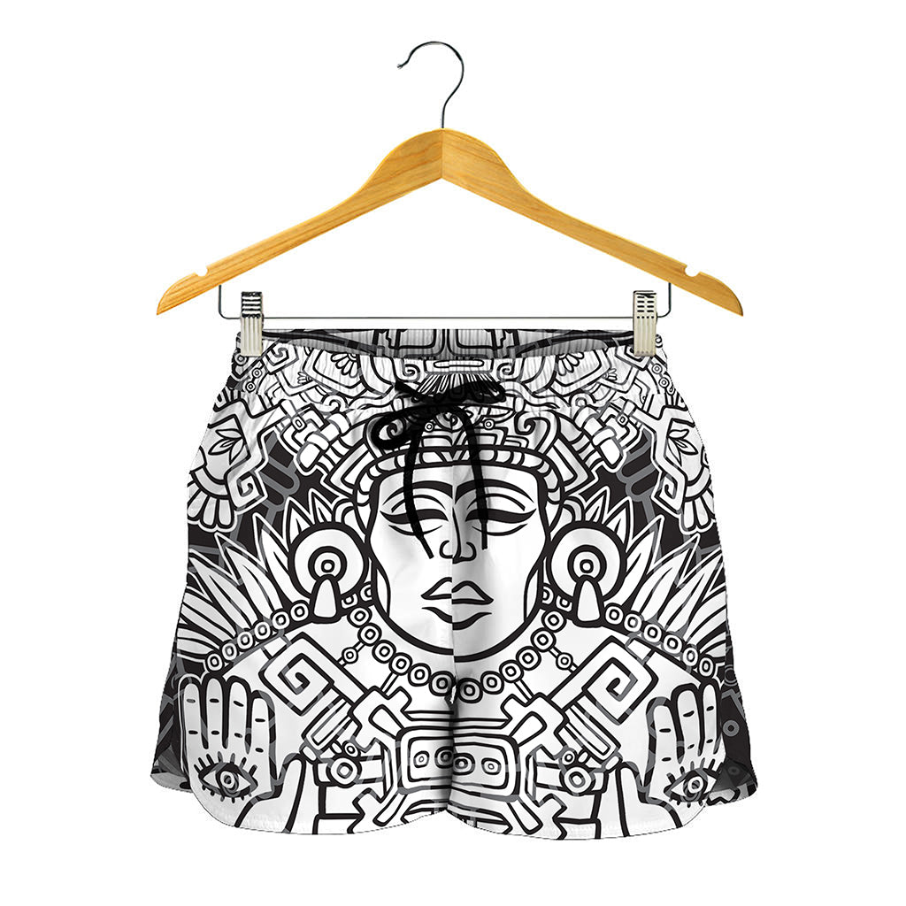 Blue And White Mayan Statue Print Women's Shorts