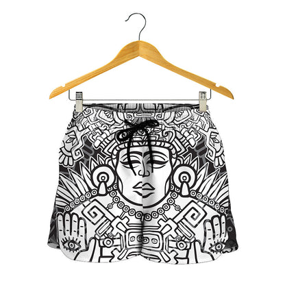 Blue And White Mayan Statue Print Women's Shorts