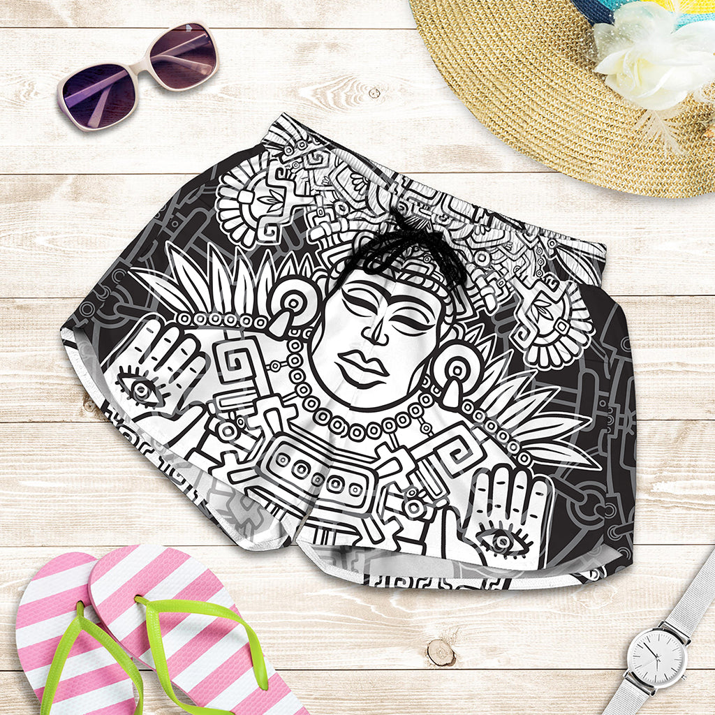 Blue And White Mayan Statue Print Women's Shorts