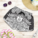 Blue And White Mayan Statue Print Women's Shorts