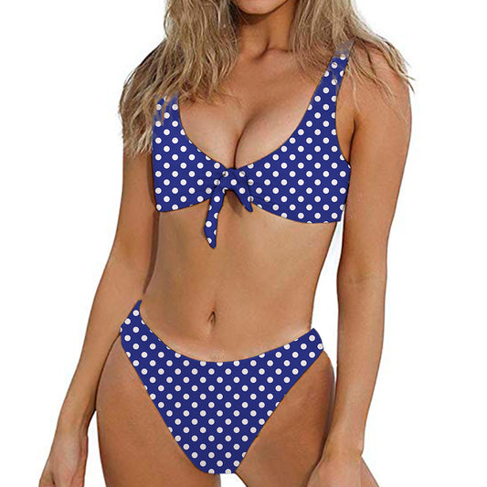 Blue And White Polka Dot Pattern Print Front Bow Tie Bikini