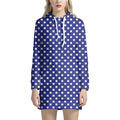 Blue And White Polka Dot Pattern Print Pullover Hoodie Dress
