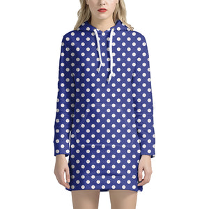 Blue And White Polka Dot Pattern Print Hoodie Dress