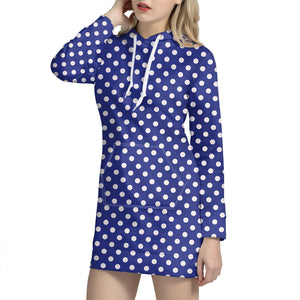 Blue And White Polka Dot Pattern Print Hoodie Dress