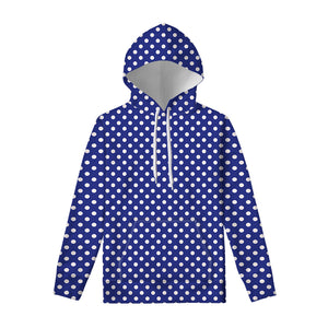 Blue And White Polka Dot Pattern Print Pullover Hoodie