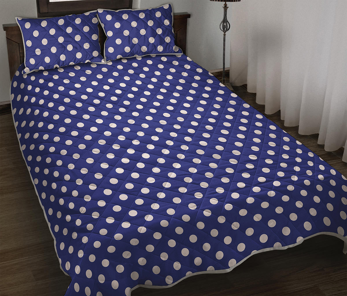 Blue And White Polka Dot Pattern Print Quilt Bed Set